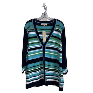Jones New York Women's Blue Striped Cardigan Sweater NWT Plus Size 3X V Neckline